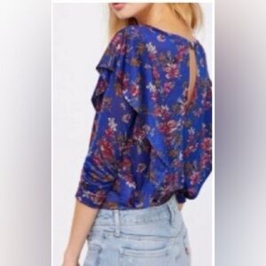 Free People Blue Floral Long Sleeve Ruffle Top Blouse Women’s S